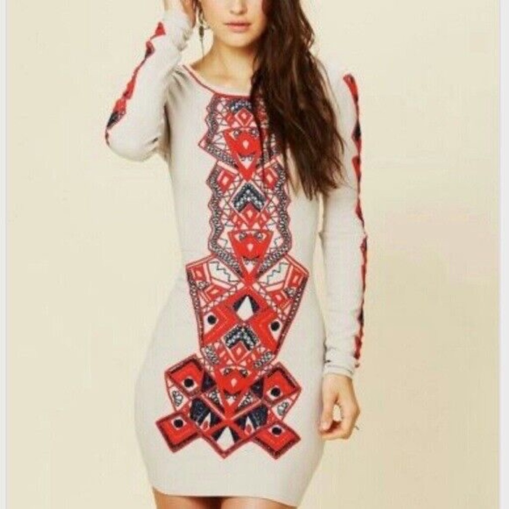 Free People Geometric Patterned Bodycon Dress with V Back